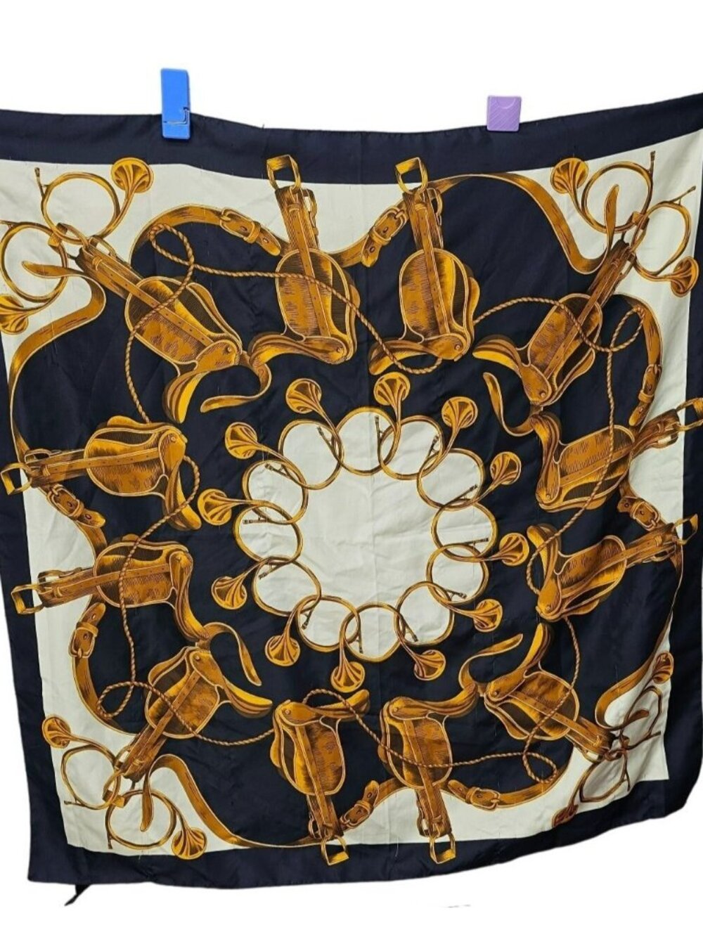 Italian Specialty House Square Polyester Navy Blue White Horse Saddle Gold Scarf